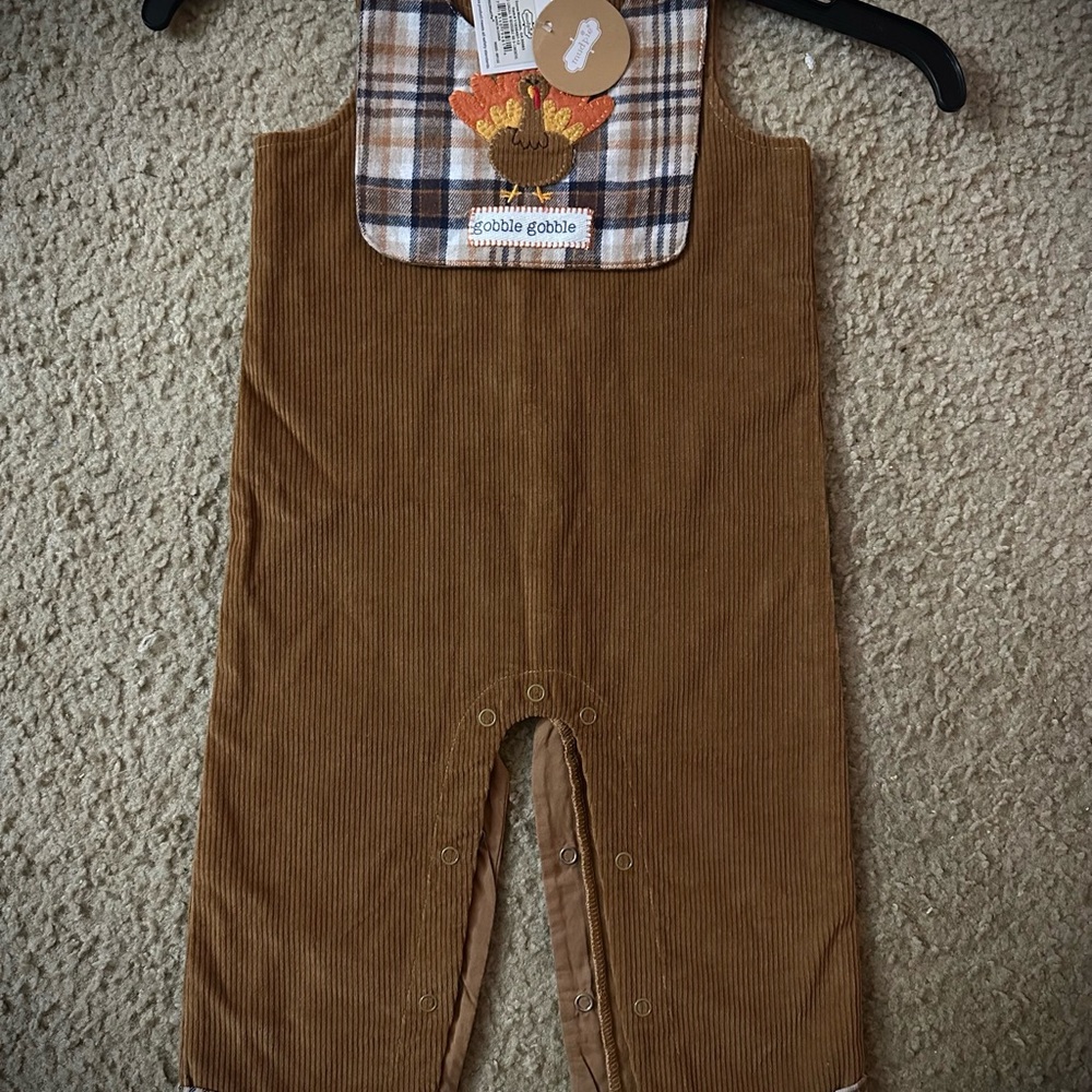 Mud Pie Brown Corduroy Baby Overalls with Plaid and Turkey Appliqué New with tag